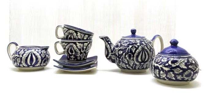 Blue Printed 7 Piece Floral Tea Set No Strainer, for Serving Herbal Tea, Coffee, Green Tea, or Milk (Blue)