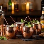 Moscow Mule Cocktail Copper Mugs - Set of 4 Mugs, 4 Copper Straws, and a Peg Measurer (Mules Hammered with Modern Handle)