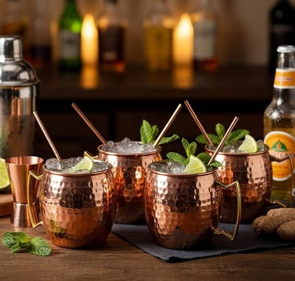 Moscow Mule Cocktail Copper Mugs - Set of 4 Mugs, 4 Copper Straws, and a Peg Measurer (Mules Hammered with Modern Handle)
