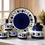 Tea Cup Set with Kettle & Serving Tray | Ceramic Tea Set Handpainted Blue Floral Design| 4 Cups (150ml), 1 Kettle(700ml), 1 Tray (6 Piece Set) Microwave Safe | Best for Gifting