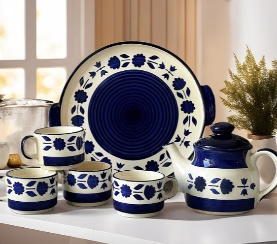 Tea Cup Set with Kettle & Serving Tray | Ceramic Tea Set Handpainted Blue Floral Design| 4 Cups (150ml), 1 Kettle(700ml), 1 Tray (6 Piece Set) Microwave Safe | Best for Gifting