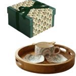 Serving Set | Wooden Platter with Ceramic Cups, Cookie Tray, Sugar Tray & Pure Brass Spoon | Premium Corporate Gifting for Employees | Anniversary, Festive Gift for Friends & Family