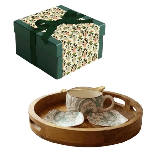 Serving Set | Wooden Platter with Ceramic Cups, Cookie Tray, Sugar Tray & Pure Brass Spoon | Premium Corporate Gifting for Employees | Anniversary, Festive Gift for Friends & Family