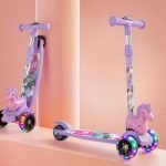 Unicorn Kick Scooter for Kids Age 3-8 Years | 3-Level Adjustable Height & LED Flashing Wheels | Wide Non-Slip Deck & Rear Push Brake | Foldable Kids Scooters for Boys & Girls - Purple