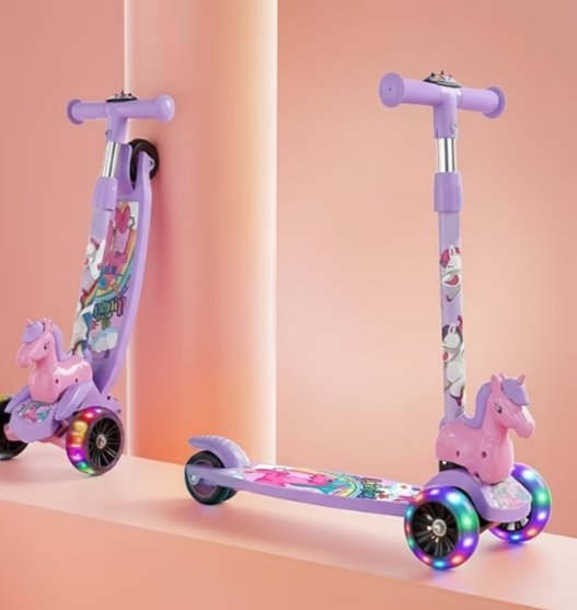 Unicorn Kick Scooter for Kids Age 3-8 Years | 3-Level Adjustable Height & LED Flashing Wheels | Wide Non-Slip Deck & Rear Push Brake | Foldable Kids Scooters for Boys & Girls - Purple